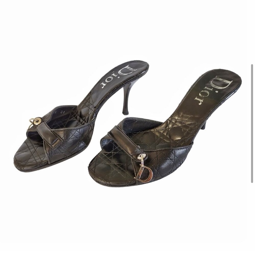 DIOR Leather Slip On Mule Sandals Black Quilted Luxury High Heels Size 37